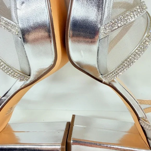 Nina Platform Sandals Women 9.5M Silver Rhinestone Block Heel Dress Shoes - Picture 5 of 9